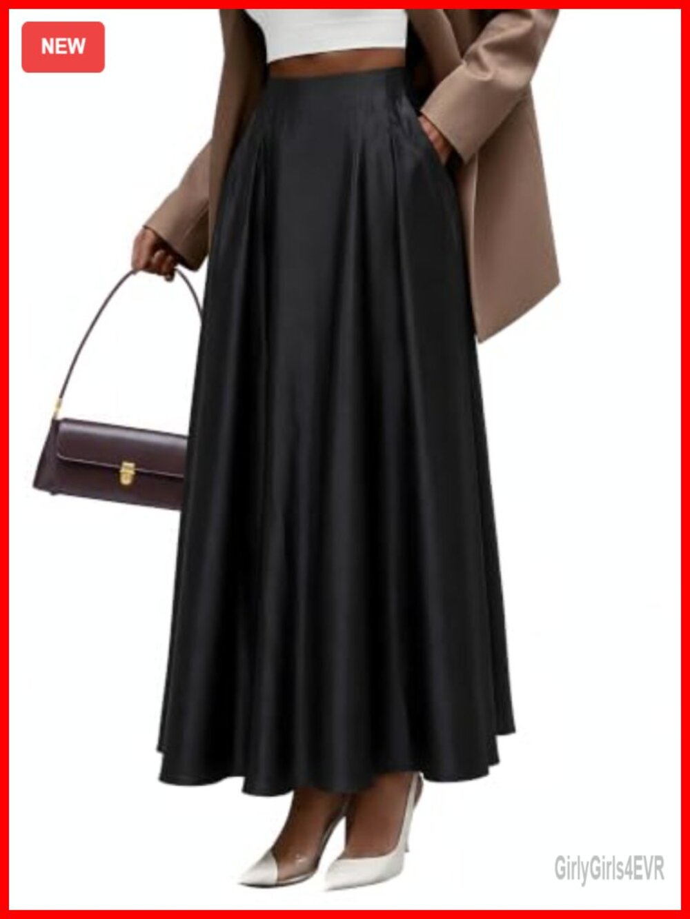 Satin Maxi Skirt Flared A-Line High Waist with Pockets